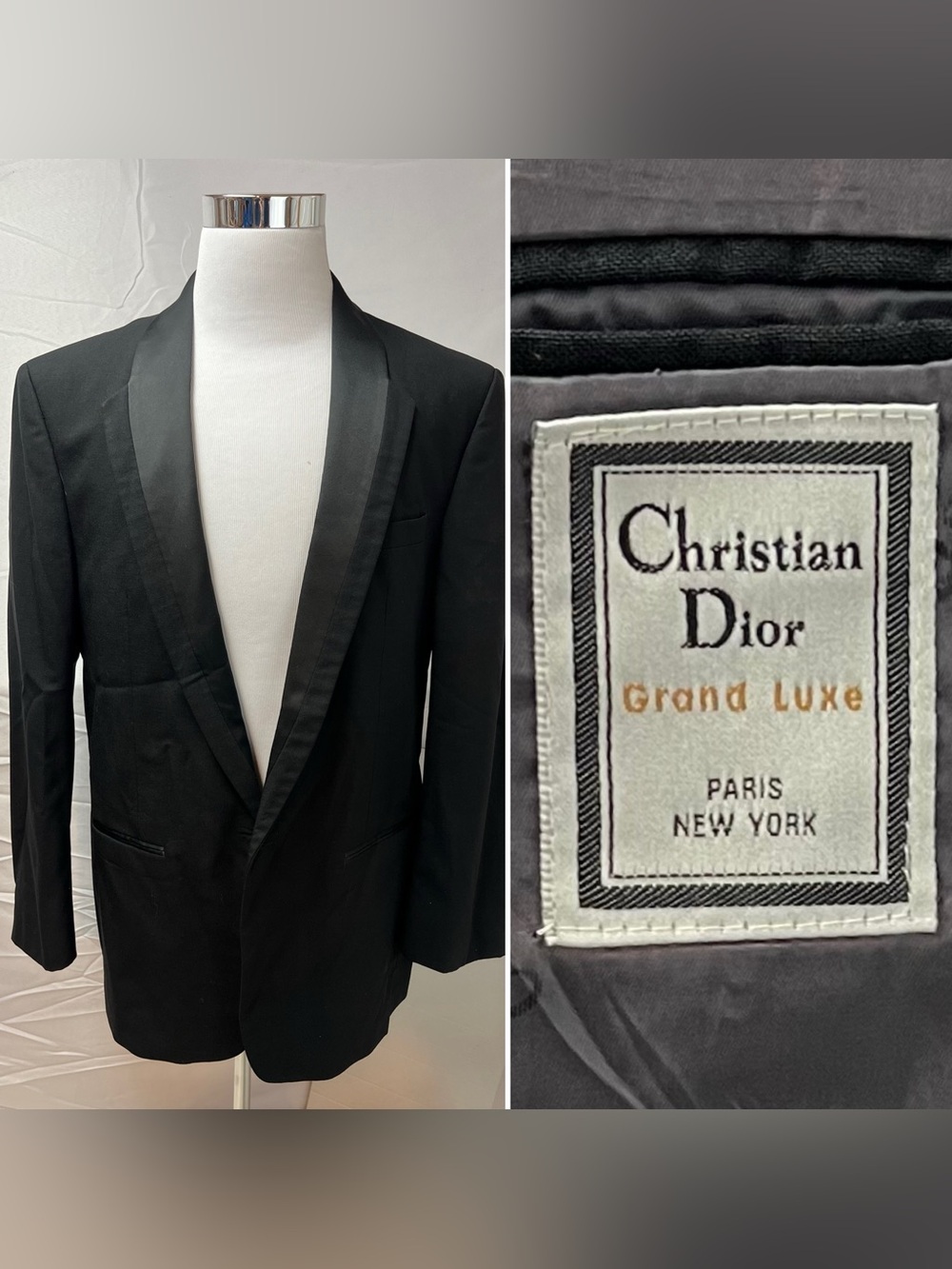 Christian Dior Men’s 43L Vintage Black Wool Tuxedo Jacket Satin Collar